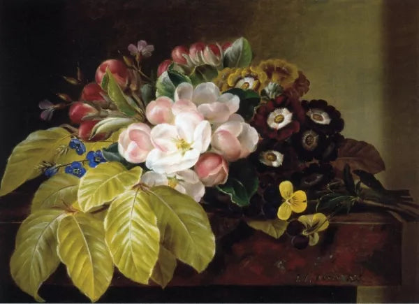 Pansies, Appleblossoms, Gloxinia, Phlox and Primula Auricula on a Brown Marble Ledge