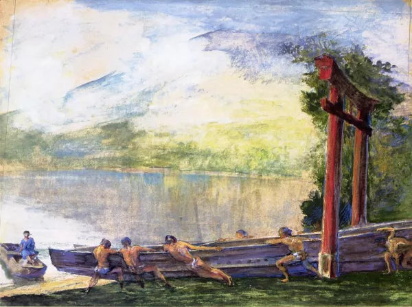 A Torii on Shore of Lake Chusenji, Japan. Fishermen Pushing Out Their Boat