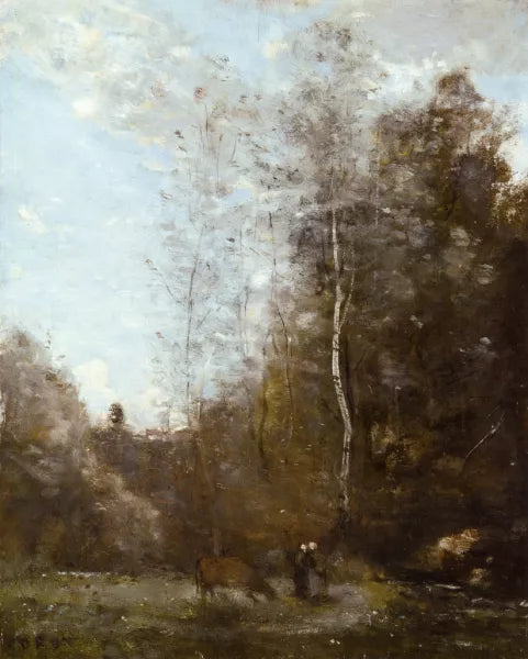 A Cow Grazing Beneath a Birch Tree