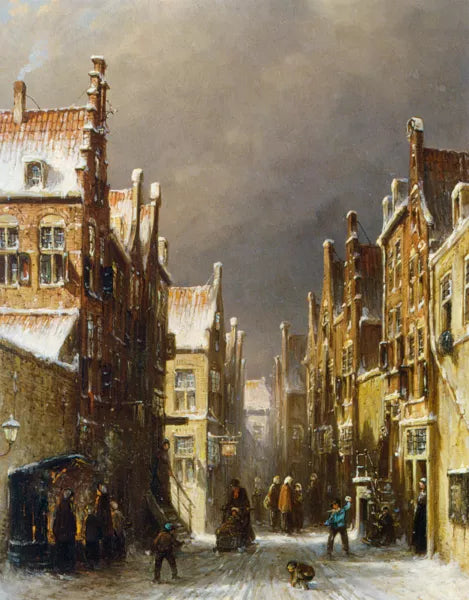 Figures in the Snow Covered Streets of a Dutch Town
