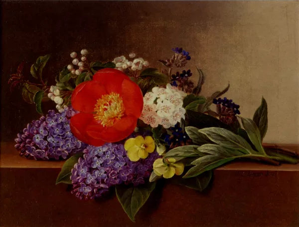 Lilacs, Violets, Pansies, Hawthorn Cuttings, And Peonies On A Marble Ledge