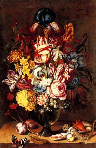 Tulips, Peonies, Narcissi and other Flowers in a Glass Vase with Plums, Seashells, a Butterfly and a Lizard on a Ledge