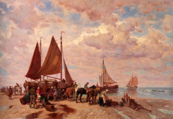 A Coastal Scene Wih Fisherfolk Sorting The Day's Catch, Beached