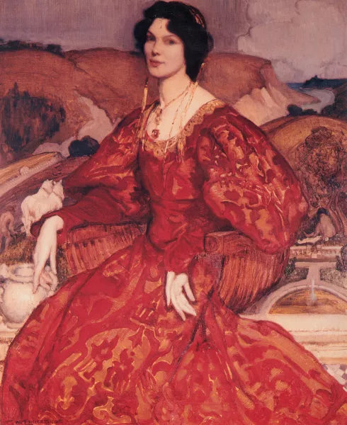 Sybil Walker in Red and Gold Dress