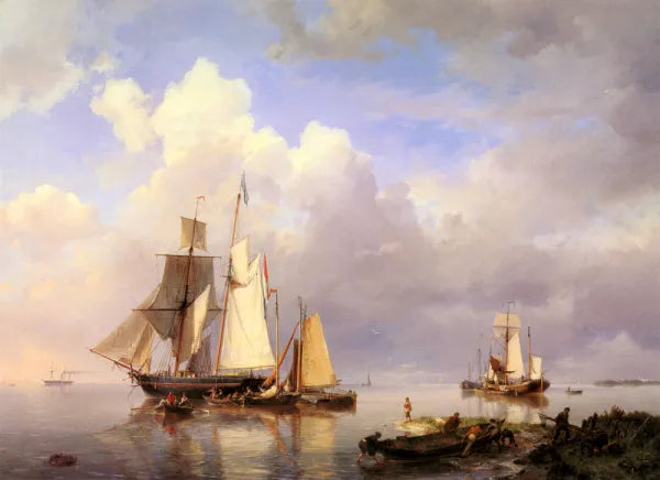 Vessels at Anchor in an Estuary with Fisherman Hauling Up Their Rowing Boat in the Foreground